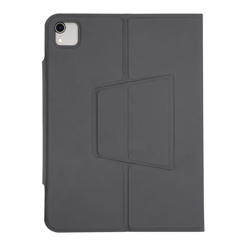 iPad keyboard flip case folded as tablet stand in portrait mode showing adjustable viewing angle
