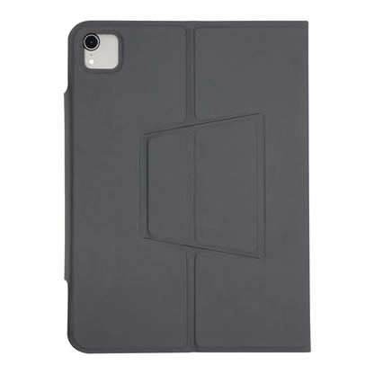 iPad keyboard flip case folded as tablet stand in portrait mode showing adjustable viewing angle
