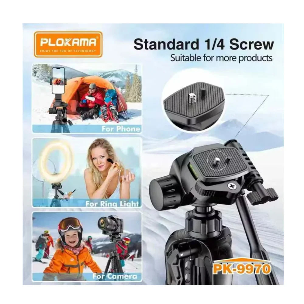 Smartphone mounted on Plokama PK-9970 tripod for vlogging and live streaming use
