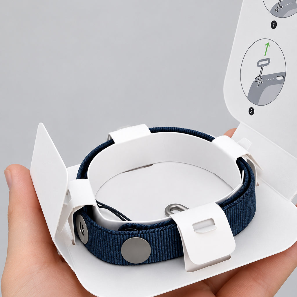 Navy magnetic woven wrist strap in original packaging, held in hand – PhoneHub Lebanon