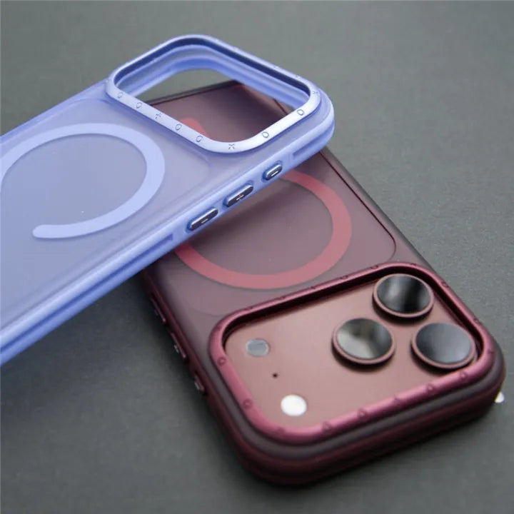 Frosted MagSafe iPhone 17/18 Pro case – raised camera frame and side buttons, Blue and Burgundy
