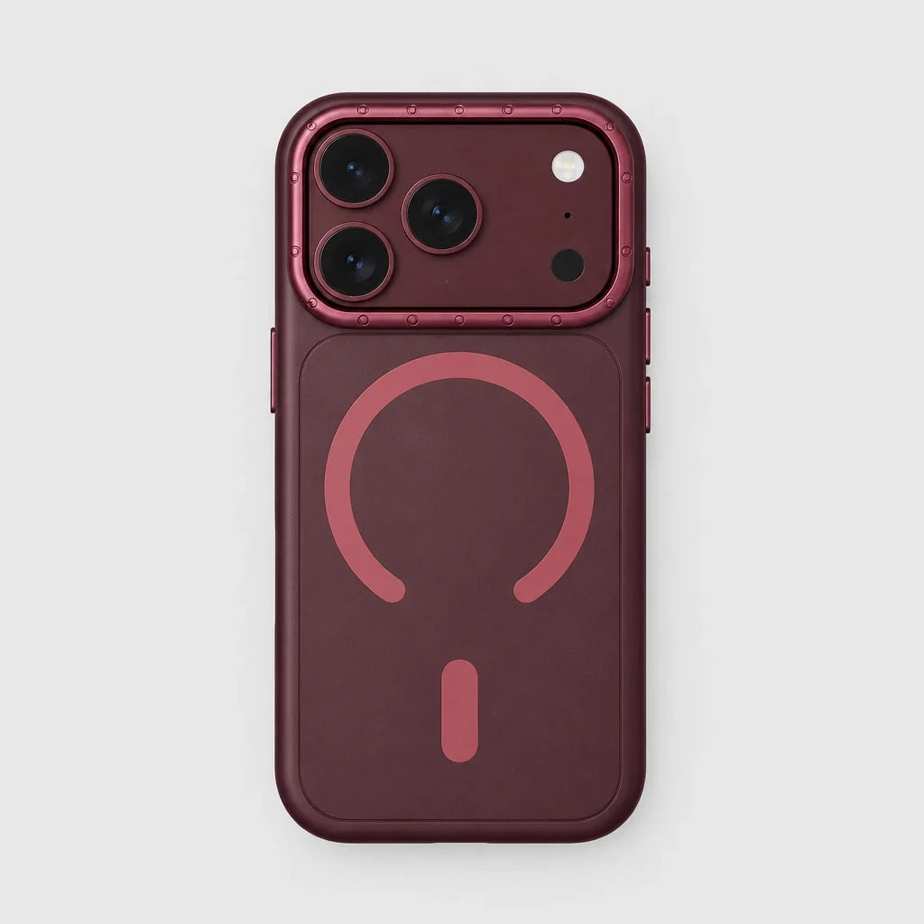Burgundy frosted MagSafe case with raised camera frame for iPhone 17/18 Pro & Pro Max