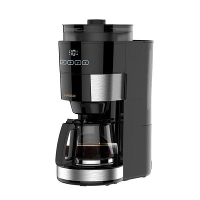 LePresso 1.2L 10-cup grinding coffee machine with warming base in black, front view showing carafe and bean hopper
