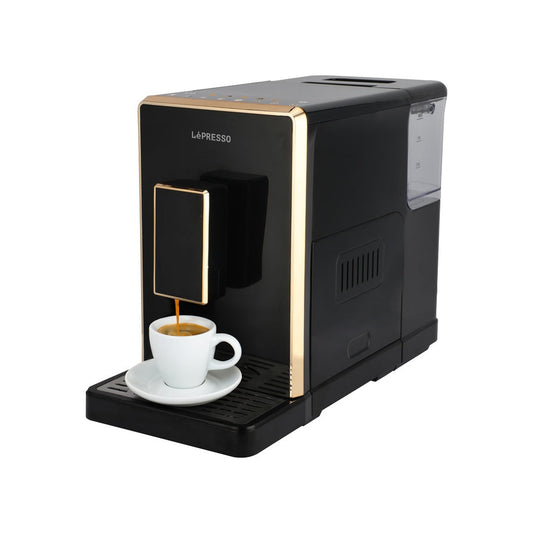 LePresso automatic espresso machine in black, front view showing control panel, bean box, and milk tank
