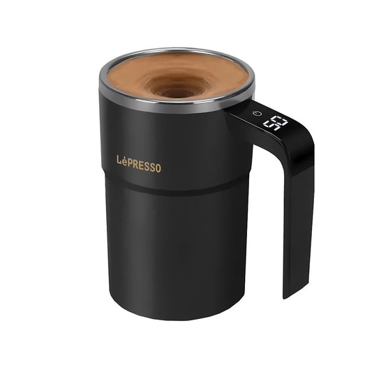 LePresso Stirmagic auto stirring mug in black, front view showing touch control button and temperature display
