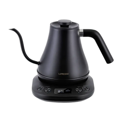 LePresso electric pour-over kettle in black with gooseneck spout and digital temperature display, front view
