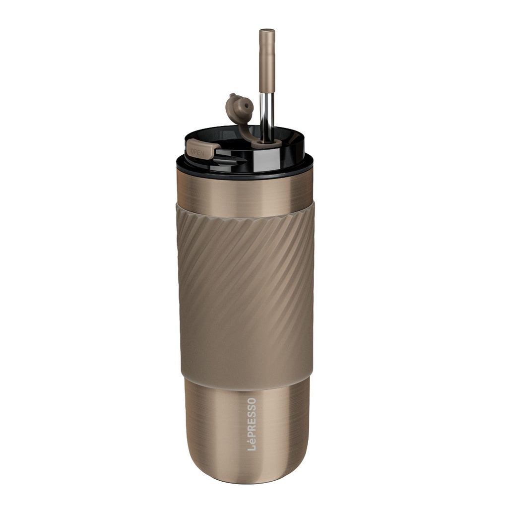 Close-up of LePresso thermal tumbler highlighting built-in infusion filter for tea and fruit drinks
