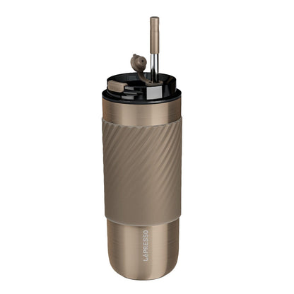 Close-up of LePresso thermal tumbler highlighting built-in infusion filter for tea and fruit drinks
