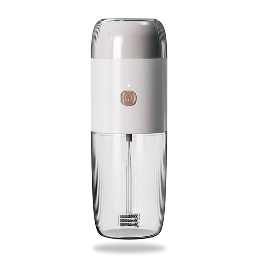 LePresso 2-in-1 portable coffee grinder and milk frother in white, showing grinder top and frother handle
