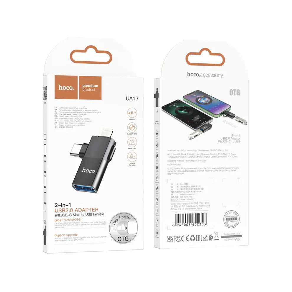 Hoco UA17 2-in-1 USB Adapter – USB to Type-C & Micro USB