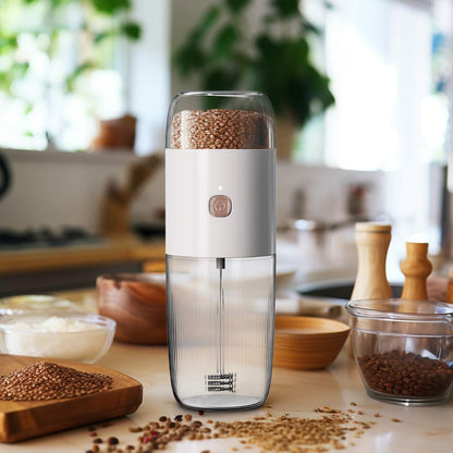 LePresso LPMFGRWH 19000 RPM stainless steel blade grinding fresh coffee beans in 40g bean container
