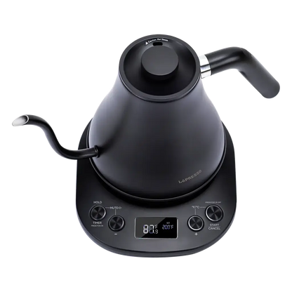 LePresso LPCFFM0033 gooseneck kettle pouring hot water over pour-over coffee dripper with precision control
