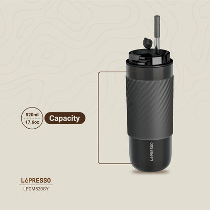 Portable LePresso insulated tumbler placed on a clean surface ideal for travel and office use
