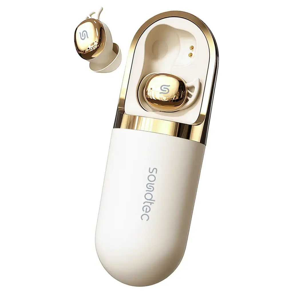 Porodo Soundtec Dream TWS Earbuds in beige with compact charging case.
