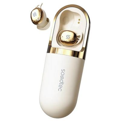 Porodo Soundtec Dream TWS Earbuds in beige with compact charging case.
