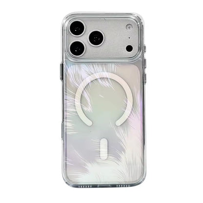 Iridescent feather MagSafe case white frame - pastel holographic finish