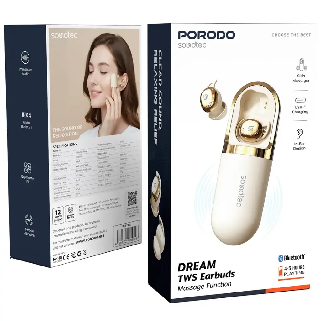 Close-up of Porodo Soundtec Dream TWS Earbuds showing massage function.
