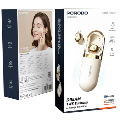 Close-up of Porodo Soundtec Dream TWS Earbuds showing massage function.
