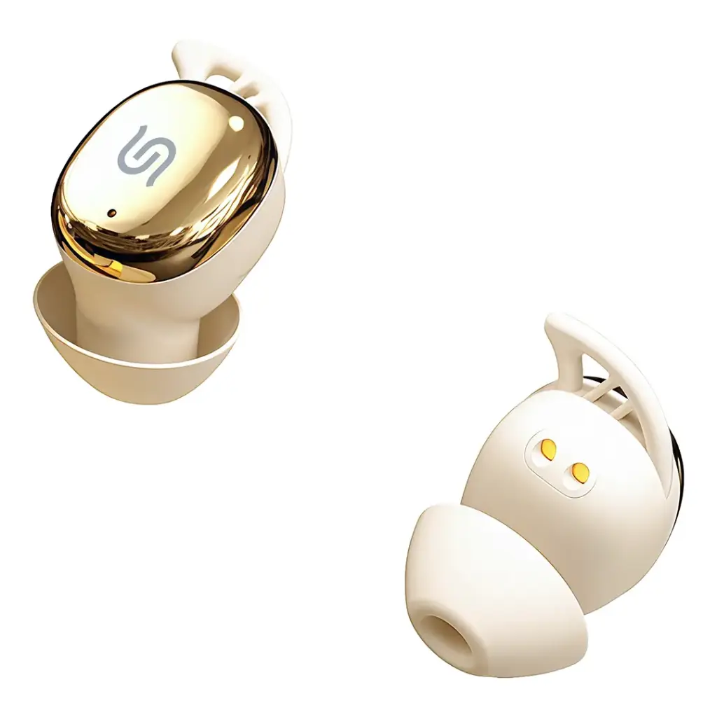 Beige Porodo Soundtec Dream TWS Earbuds highlighting wireless design.
