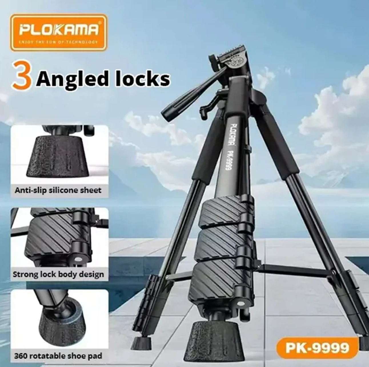 Folded Plokama PK-9999 tripod for portability
