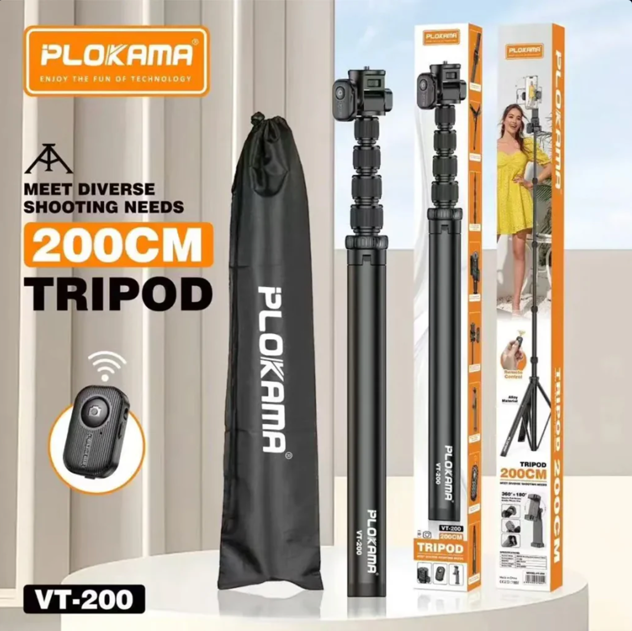 Adjustable 2-meter tripod stand Plokama VT-200 for content creation
