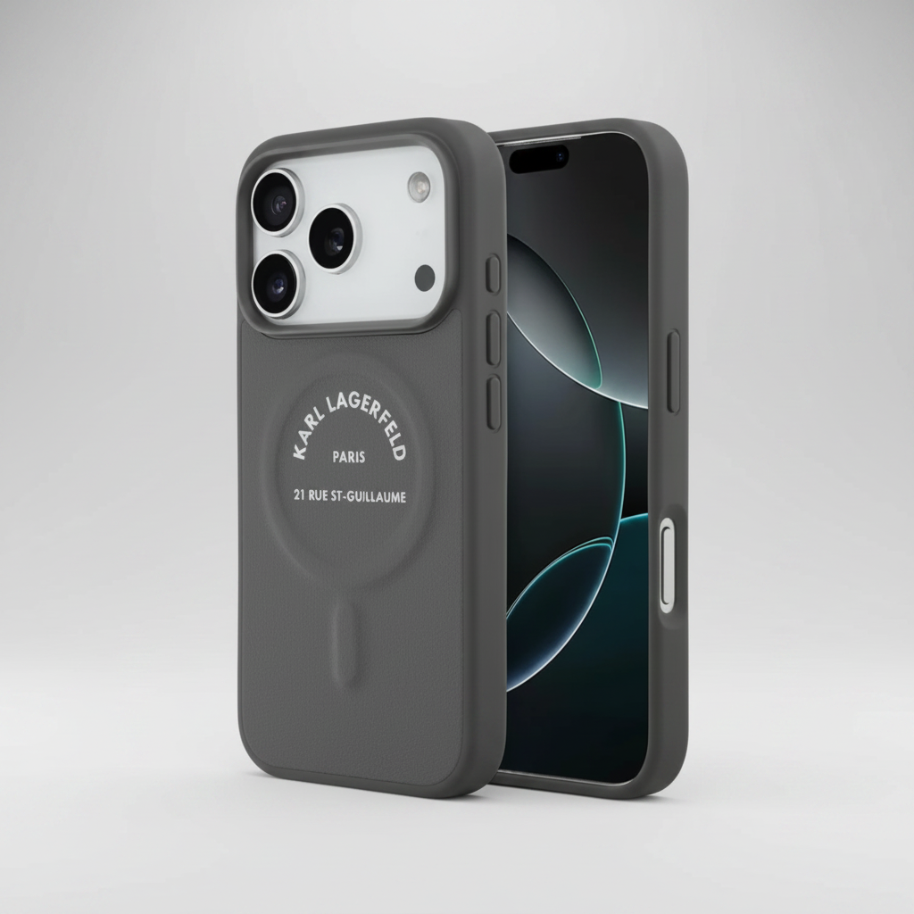 Karl & Choupette Pin Leather Case iPhone 17 Pro – Gray