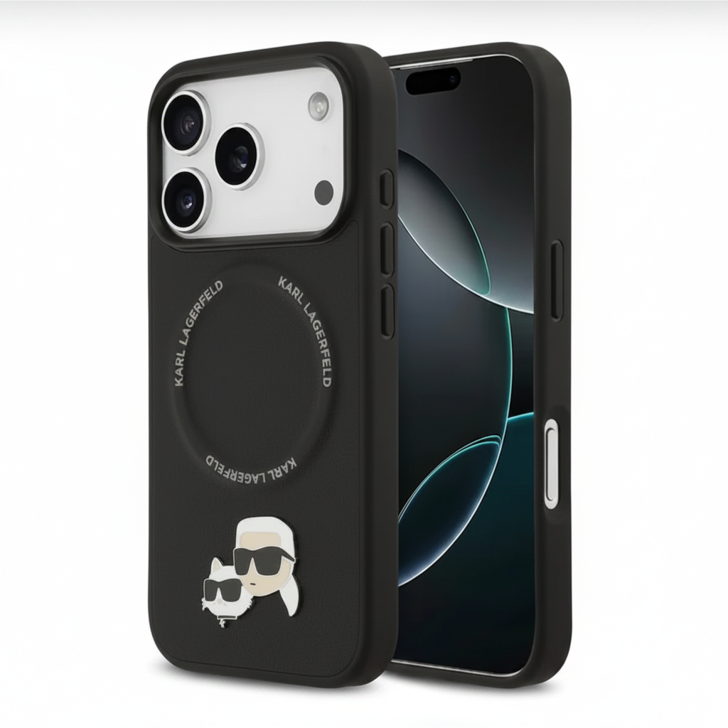 PU Leather Case with Karl & Choupette Pins for iPhone 17 Pro Max – Black