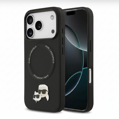 PU Leather Case with Karl & Choupette Pins for iPhone 17 Pro Max – Black