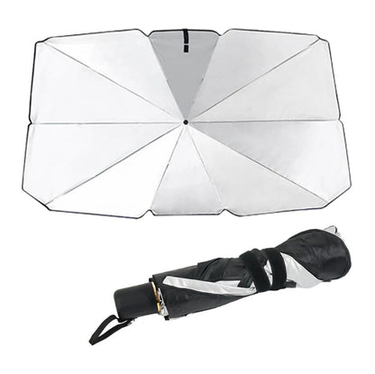 Car windshield sun shade showing quick open-and-fold umbrella design