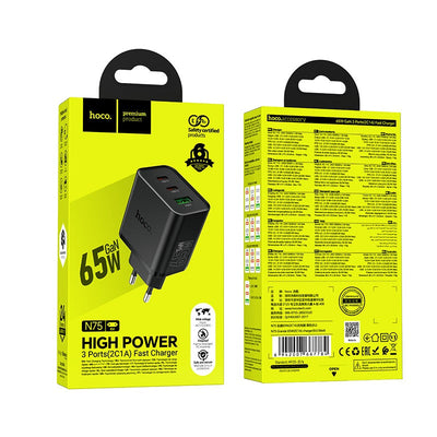 HOCO N75 65W fast charger EU plug with 3 ports
