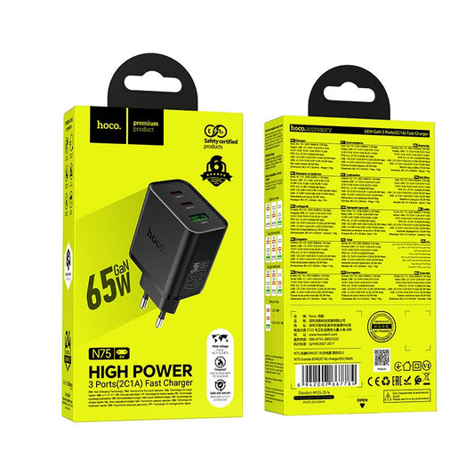 HOCO N75 65W fast charger EU plug with 3 ports
