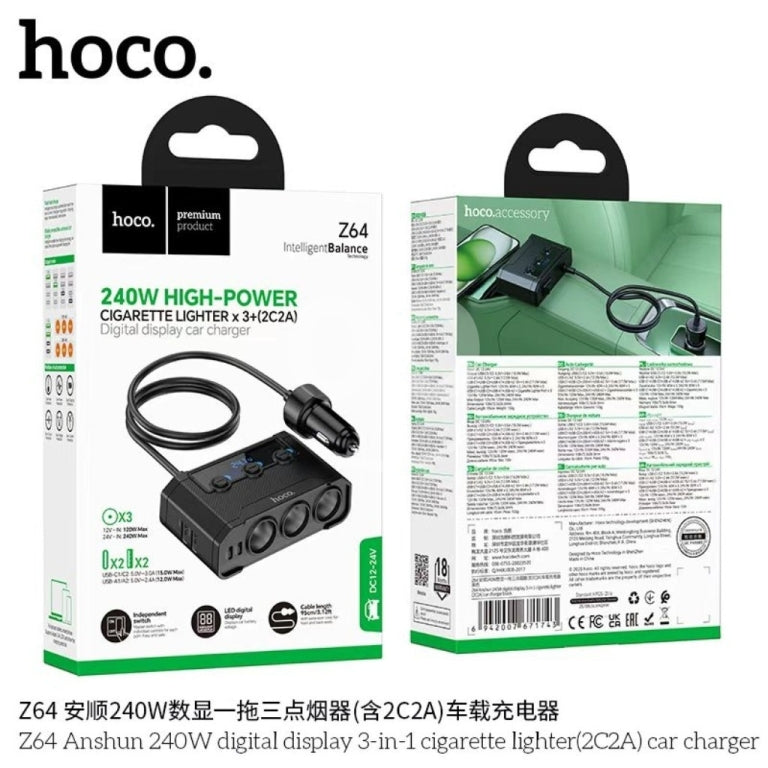 Hoco Z64 240W High-Power Car Charger | 3-in-1 Socket & LED Display
