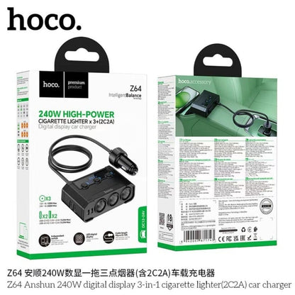 Hoco Z64 240W High-Power Car Charger | 3-in-1 Socket & LED Display