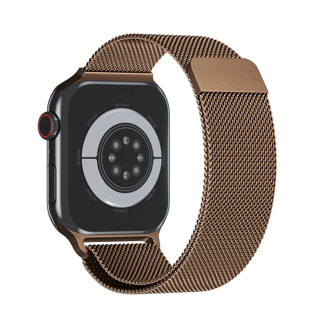 A gold stainless steel link bracelet band for an Apple Watch, showcasing the metallic links and clasp.