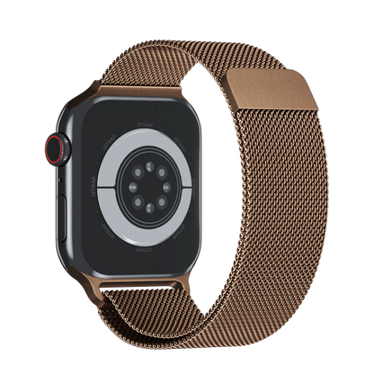 A gold stainless steel link bracelet band for an Apple Watch, showcasing the metallic links and clasp.