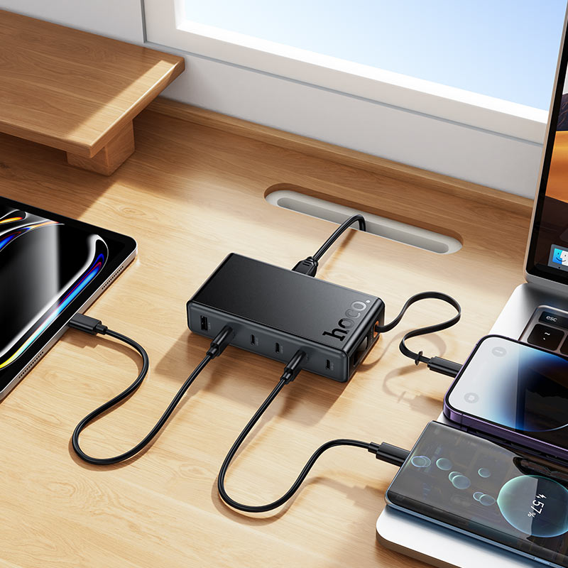 Multi-port charging station with retractable Type-C cable and EU plug