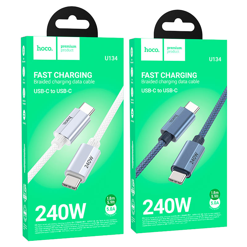 Hoco U134 USB-C to USB-C 1.8m black cable laid flat showing both aluminum alloy connectors, 55g lightweight
