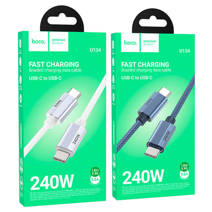 Hoco U134 USB-C to USB-C 1.8m black cable laid flat showing both aluminum alloy connectors, 55g lightweight
