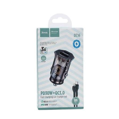 HOCO DZ16 Apex 30W Car Charger Set – USB-C PD + USB-A QC3.0 with Type-C to Lightning Cable