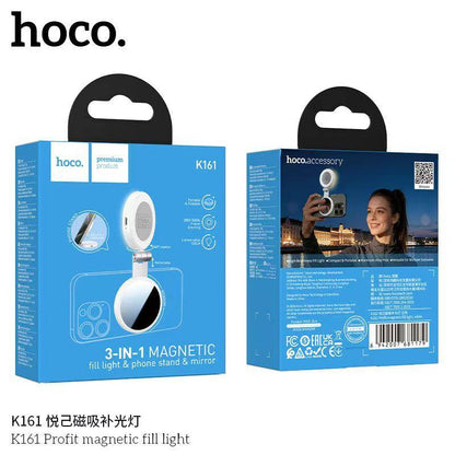 3-in-1 Magnetic Selfie Fill Light – HOCO K161 Phone Stand & Mirror