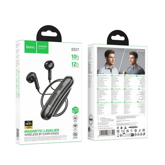 HOCO ES77 lavalier Bluetooth earphone with clip-on design.

